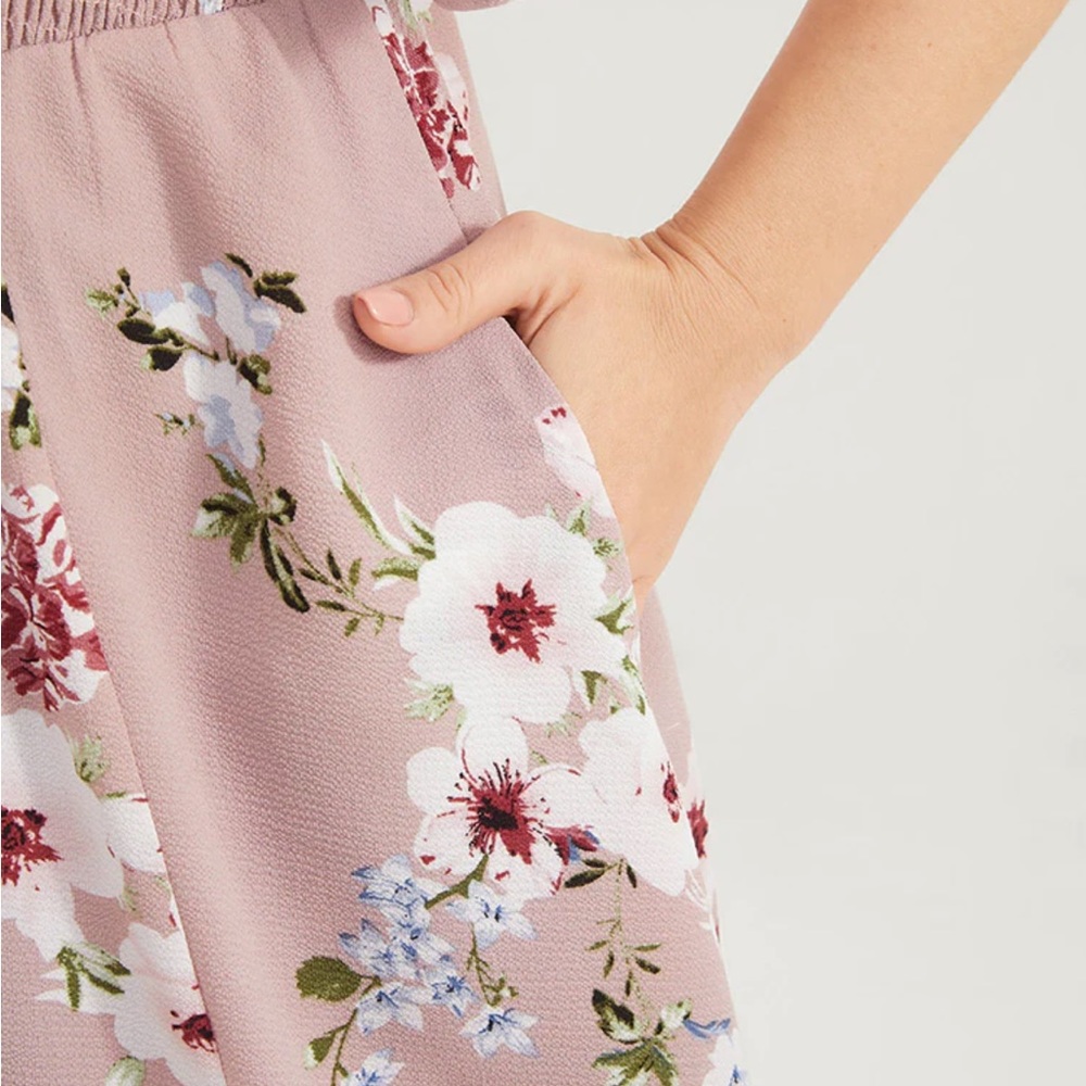Floral Square Neck Ruffles Pocket Shirred Split Dress - Picture 5 of 8